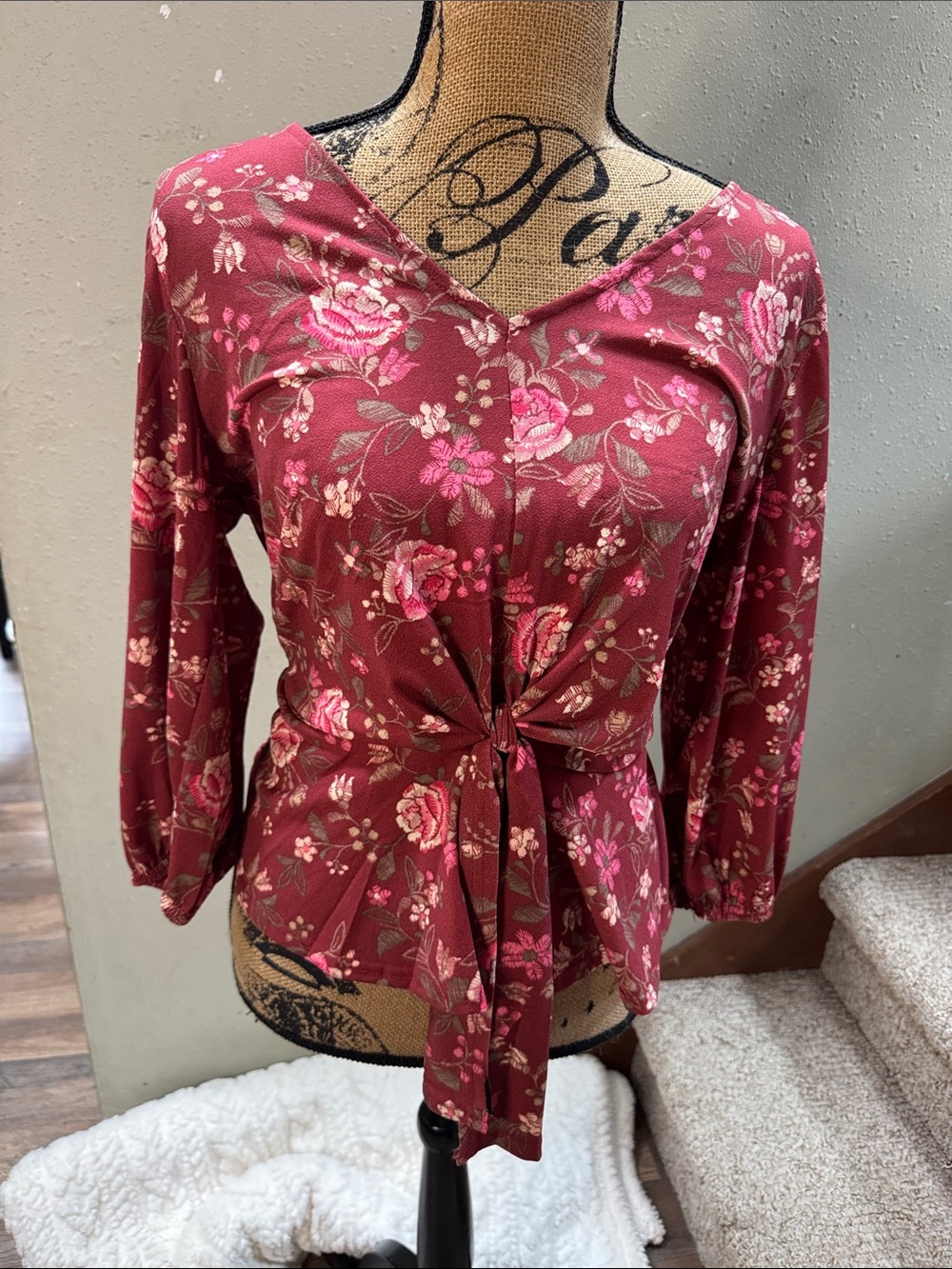 Floral Tie-Front Long Sleeve Top - Mauve Pink